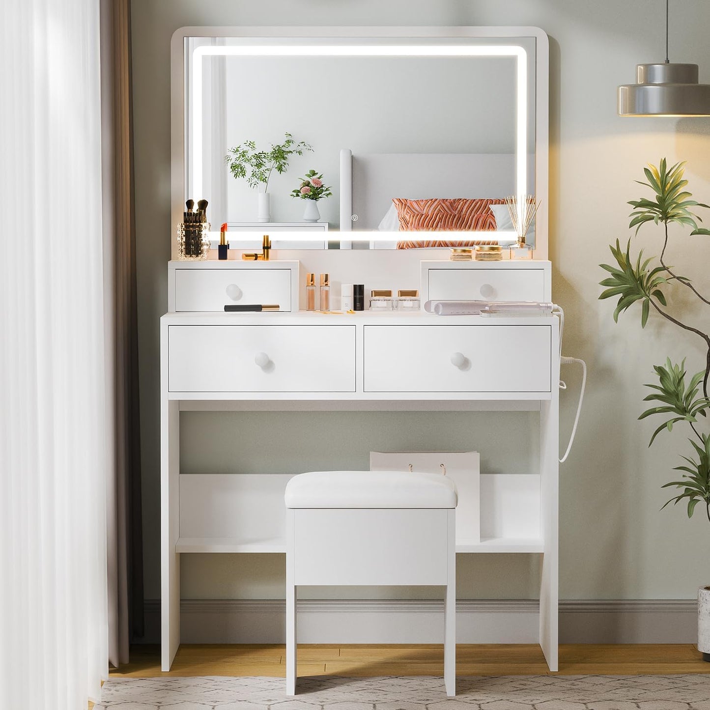 Haewon Vanity Desk with Mirror and LED Lights, White Makeup Vanity with Power Outlet, Storage Drawers and Chair, Dressing Table Set for Bedroom Dressing Room