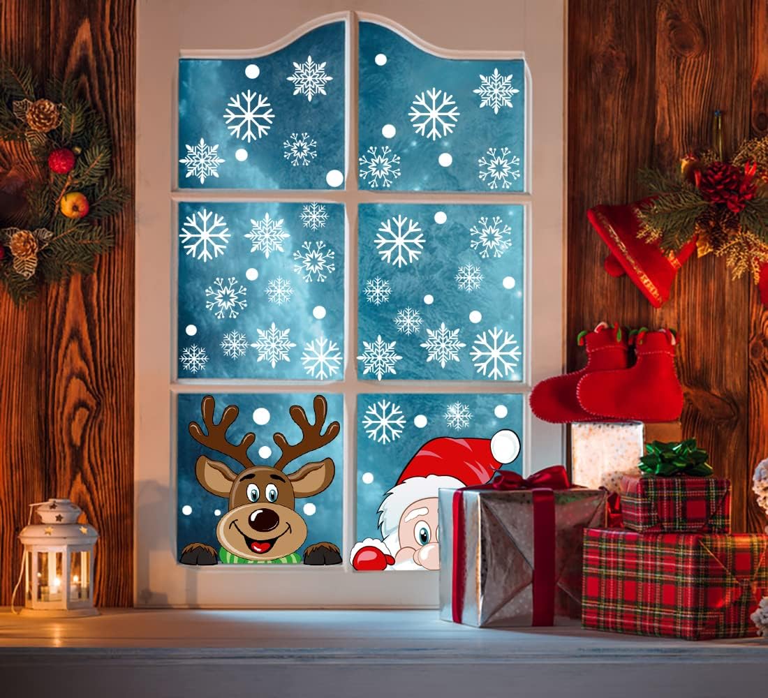 VEYLIN 6 Sheets 300 Pcs Christmas Window Clings, Snowflake Reindeer Santa Claus Window Stickers for Christmas Window Descoration