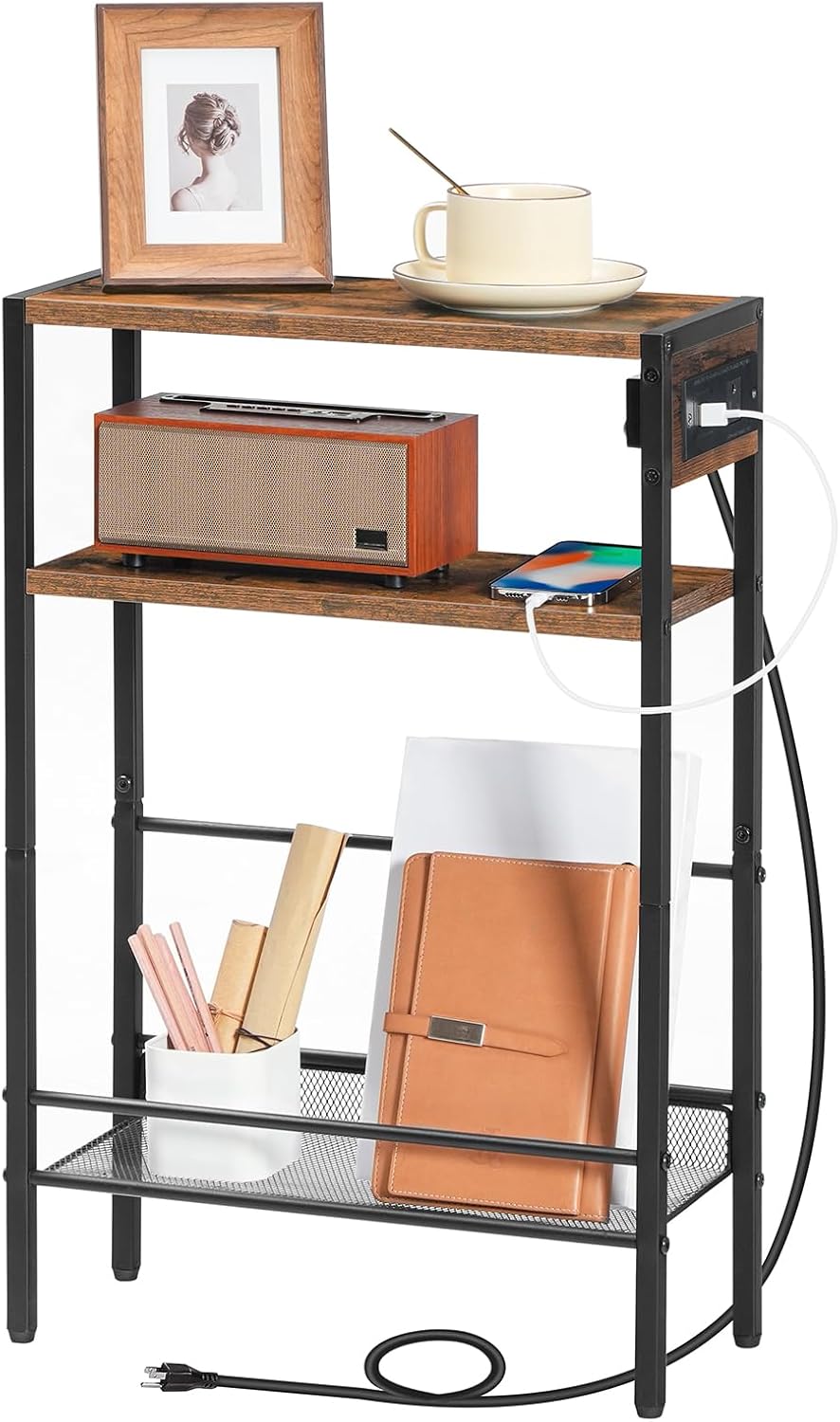 HOOBRO Small Narrow Side Table with Charging Station, Skinny End Table for Small Spaces, Slim Nightstand with USB Ports Outlet, Sofa Beside Table with Storage Shelf, Rustic Brown and Black BF102UBZ01