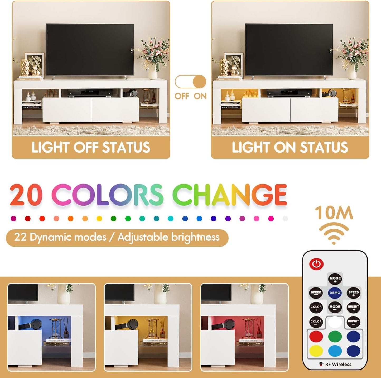 JUMMICO TV Stand with LED Lights, Modern Entertainment Center Media and Open Shelf Console Table Storage Desk with 1 Drawer and Remote Control 20 Color LED Lights up to 70 Inch TV (White)