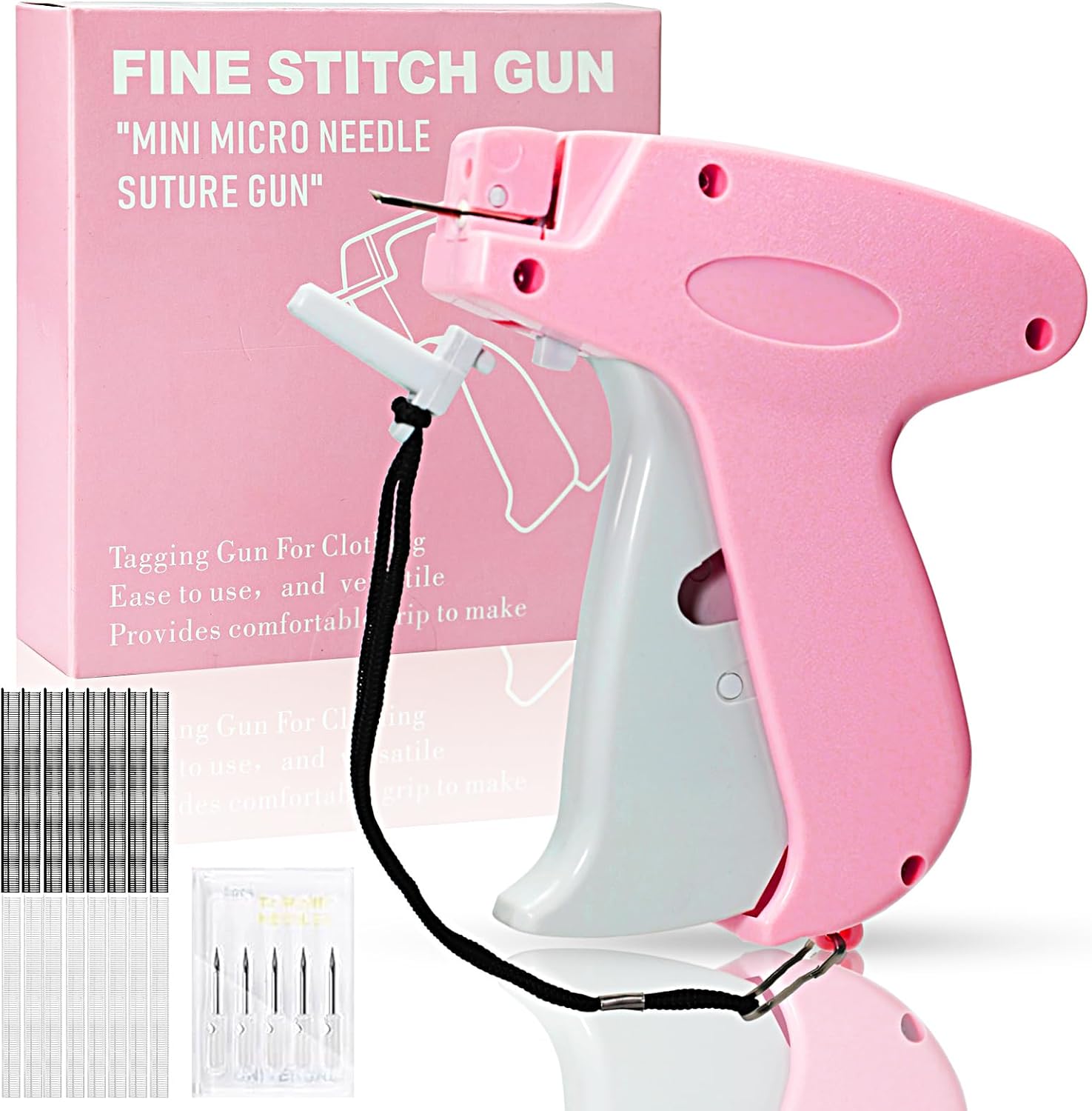 Stitch Gun for Clothes， Handheld Stitch Gun Quick Clothing Fixer，Sewing Kit Includes 1,000 Black Fasteners & 1,000 White Fasteners & 6 Needles，Tagging Gun（Pink）