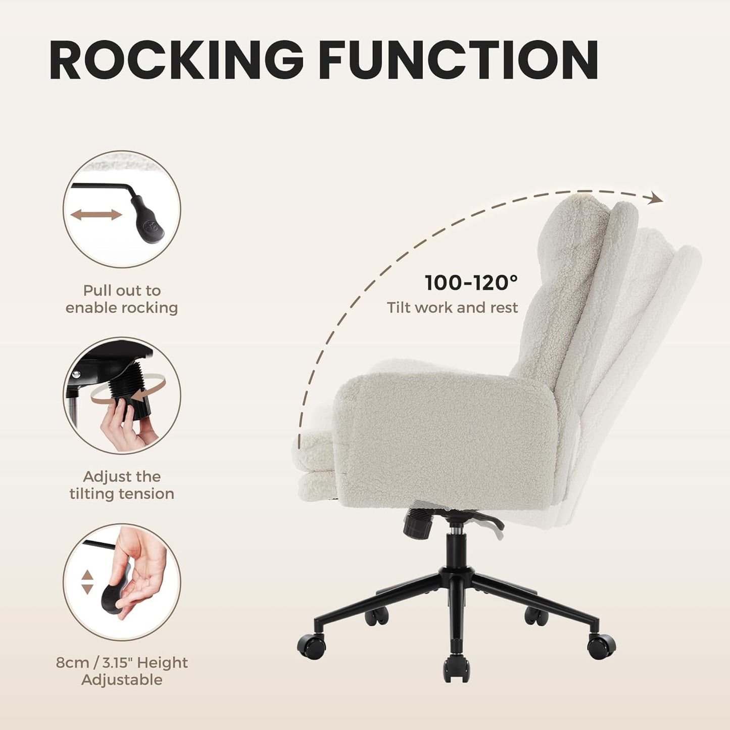 IWMH High-Back Home Office Chair,Upholstered Desk Chair with Armrests,Height Adjustable Armchair with Wheels, Swivel Office Desk Chair, Ergonomic Computer Task Chair, Leisure Armchair Cashmere(White)