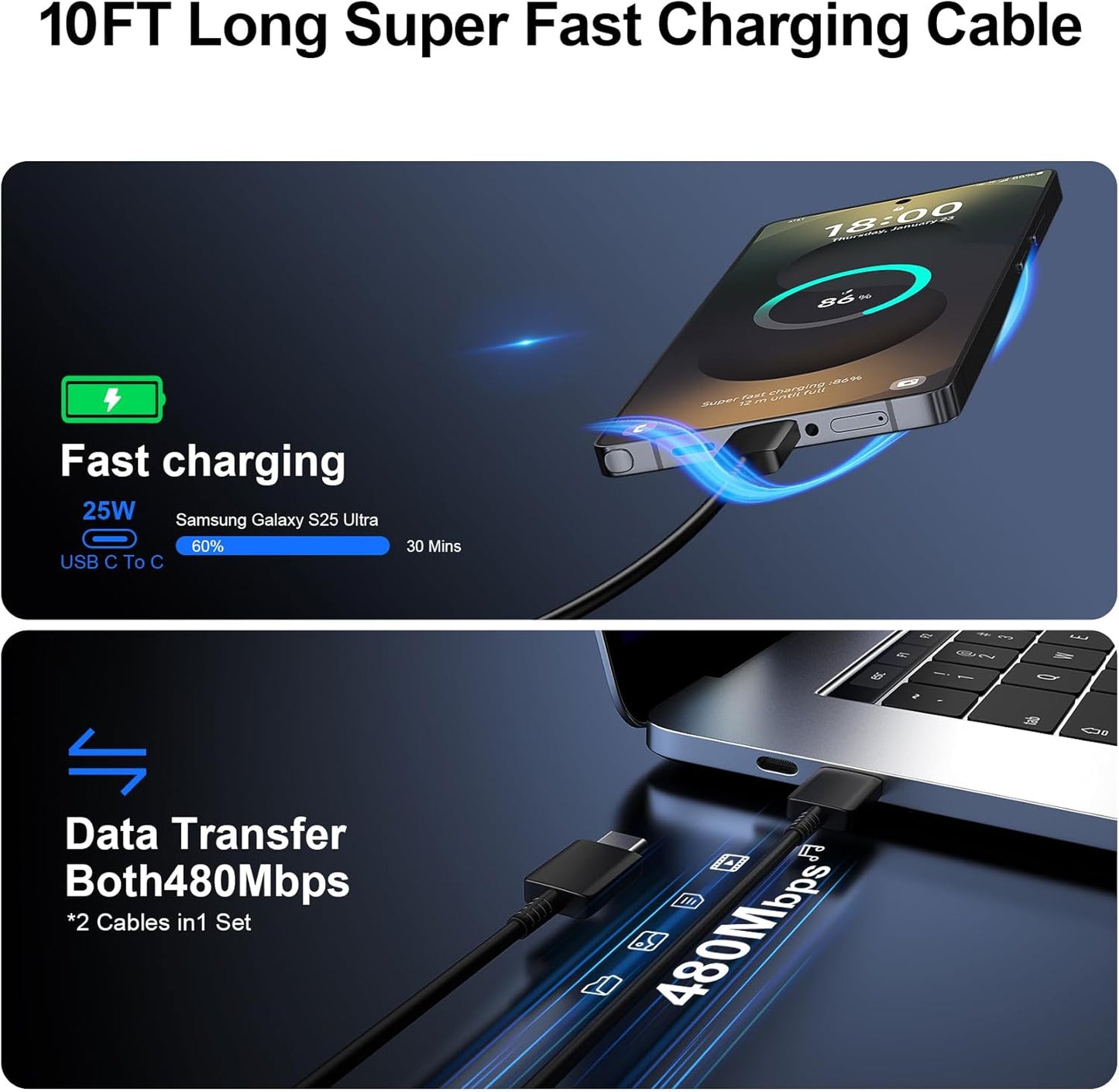 Super Fast Charger Type C, 25W USB C Wall Charger Fast Charging for Samsung Galaxy S25 Ultra/S25/S25+/S24+/S24 Ultra/S24/S24+/S23 Ultra/S22 Ultra/S21 with 10FT Long Android Type C Charger Cable 2Pack