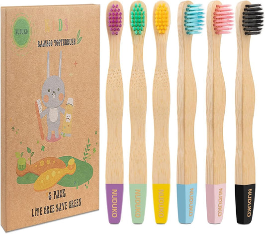 Bamboo Kids Toothbrushes (6 Pack) - Soft Bristle Organic Compostable BPA Free Toothbrush for Kids Toddler Baby Tooth Brush, Eco Friendly Natural Biodegradable Wooden Toothbrush