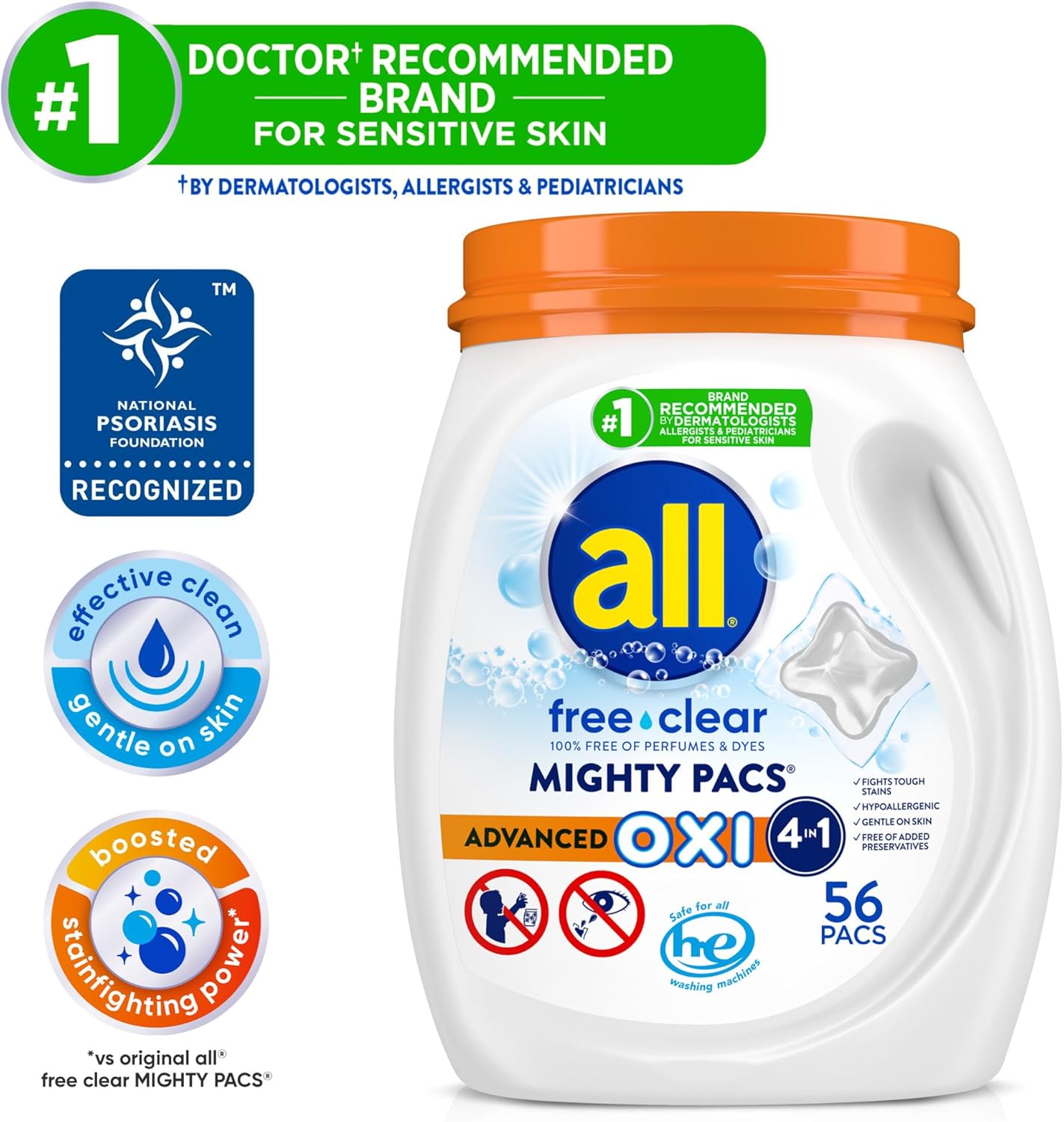 All Laundry Detergent Pacs, Mighty Pacs with OXI Stain Removers and Whiteners, Free Clear, Unscented and Dye Free, 56 Count