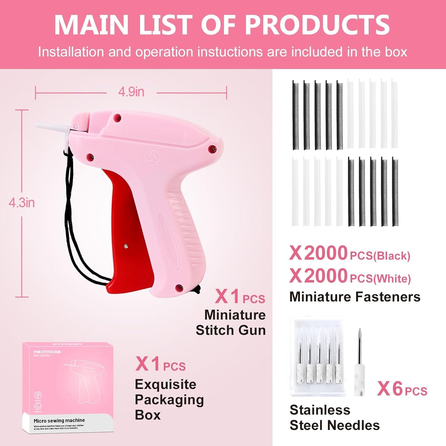 Stitch Gun with 6 Fine Needles,4000 Pcs Micro Fasteners(2000 White & 2000 Black).Stitch Gun Quick Clothing Fixer Stitch Gun for Clothes Quick Stitchy Sewing Gun Clothing Stitch Gun Tag Gun for Clothes