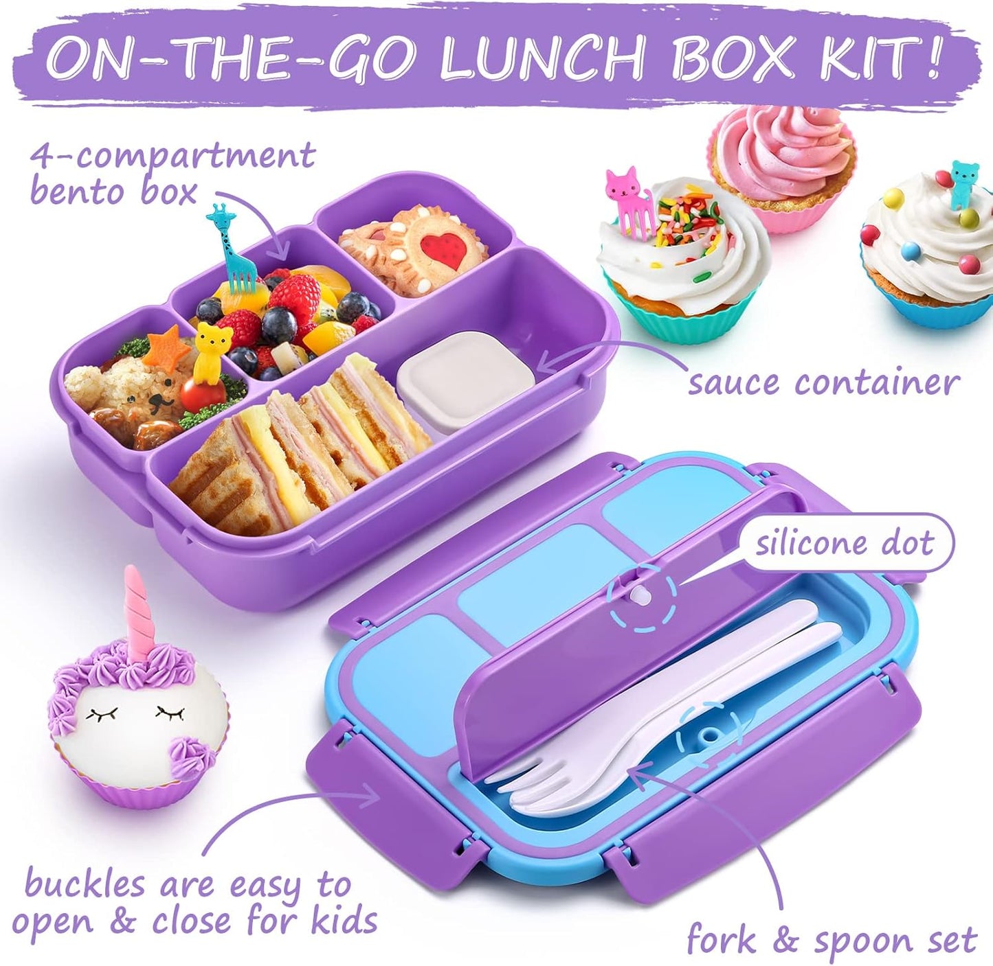 QQKO Bento Lunch Box for Kids Girls Boys, Toddler Kids Lunch Boxes for School, Lunch Containers for Adults with 4 Compartments, Sauce Container, Utensils, Food Picks and Muffin Cups, Purple