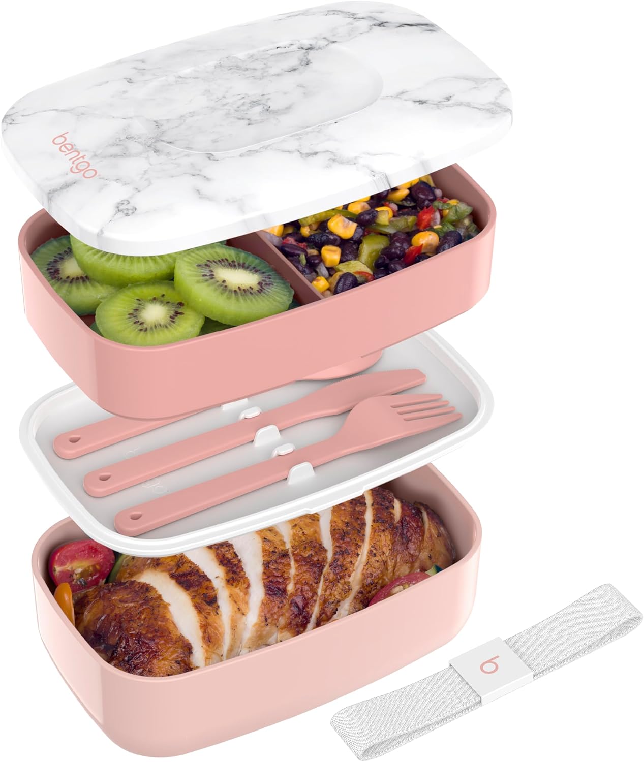 Bentgo Classic - Adult Bento Box, Stackable 3-Compartment Lunch Box with Removable Utensil Set and Sealing Strap, BPA-Free, Food Container Ideal for Meal Prep, Work, and On the Go (Blush Marble)