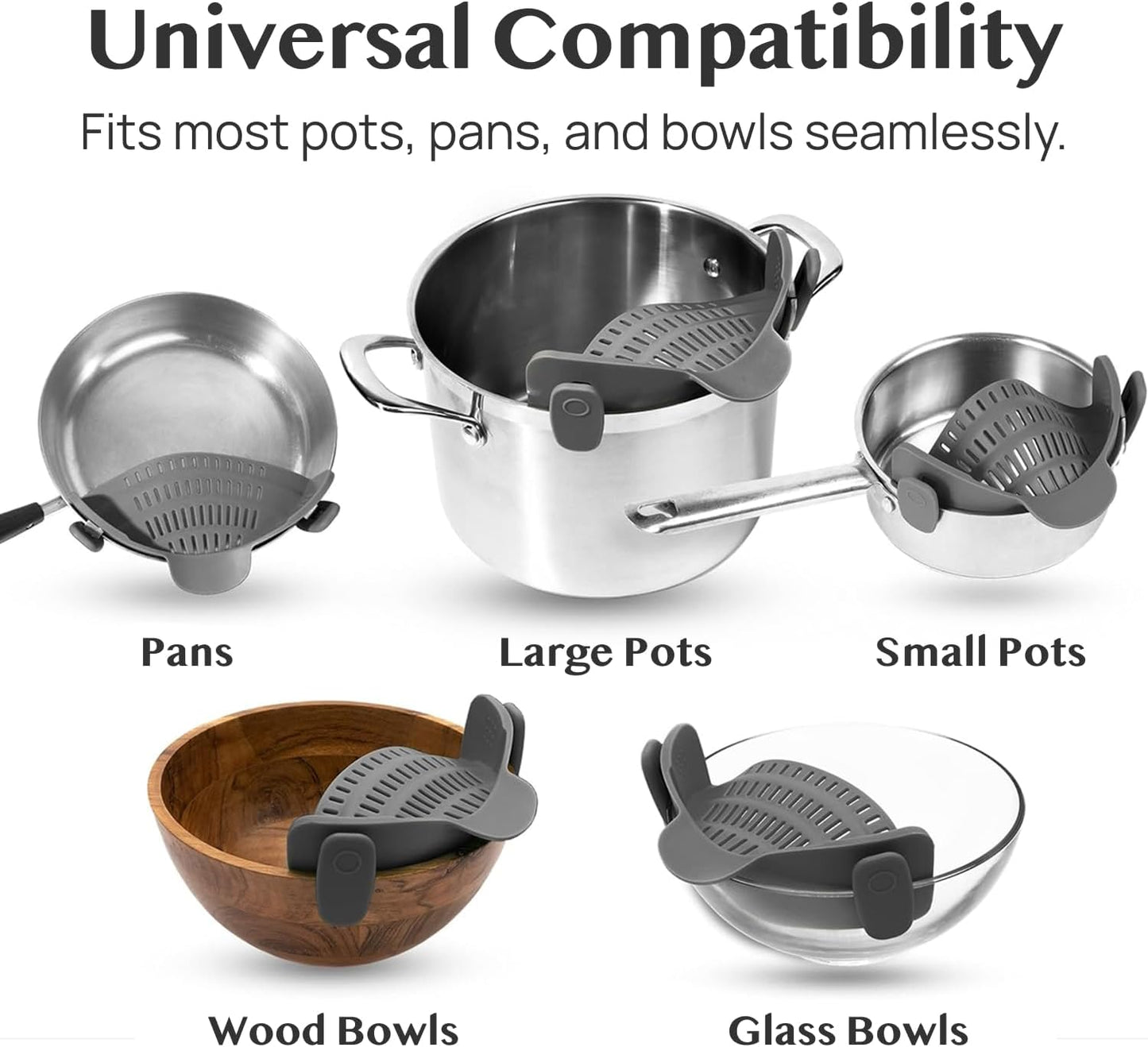 Kitchen Gizmo Snap N' Strain - Silicone Pasta Strainer Clip-On for Pots and Pans - Heat Resistant Colander for Vegetables and Noodles - Kitchen Gadgets for Cooking - Space-Saving Design - Gray