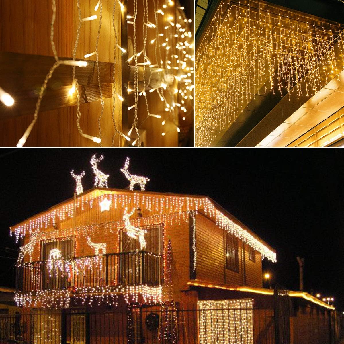 304 LED Solar Christmas Icicle Lights Outdoor Decorations, 8 Modes Waterproof Icicle Fairy Lights for Outside Holiday, Patio, Balcony, Christmas, Window, House Eaves Decorations, Warm White