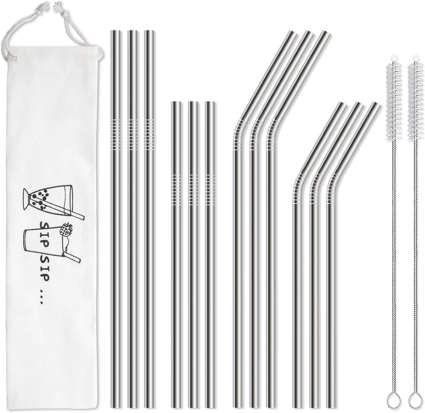 Hiware 12-Pack Reusable Stainless Steel Metal Straws with Case - Long Drinking Straws for 30 oz and 20 oz Tumblers Dishwasher Safe - 2 Cleaning Brushes Included