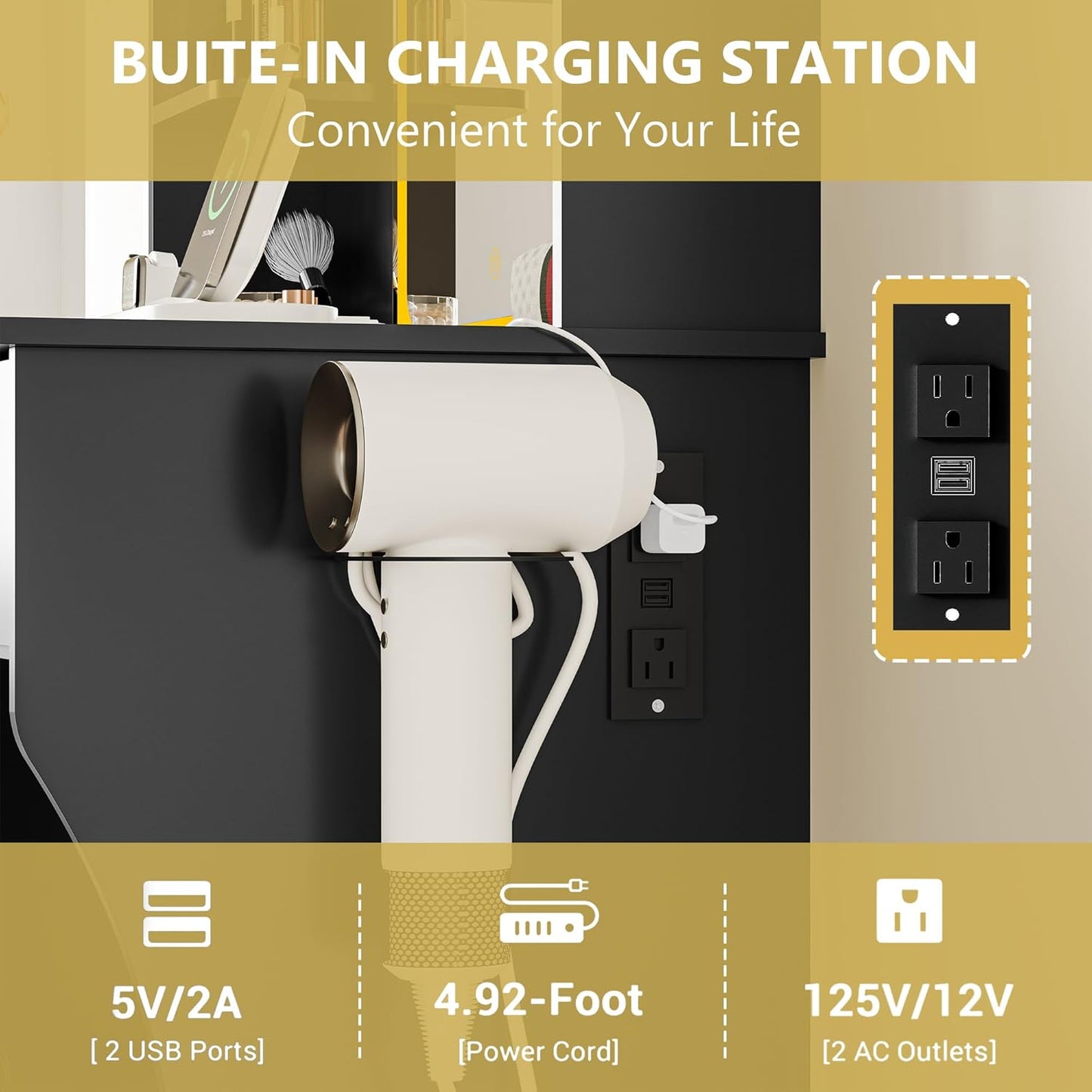 Vanity Desk with LED Lights Mirror & Power Outlet, Small Makeup Vanity Table Set with Storage Drawers & Chair, 3 Lighting Modes & Adjustable Brightness, Dressing Table for Women Girls Bedroom, Black