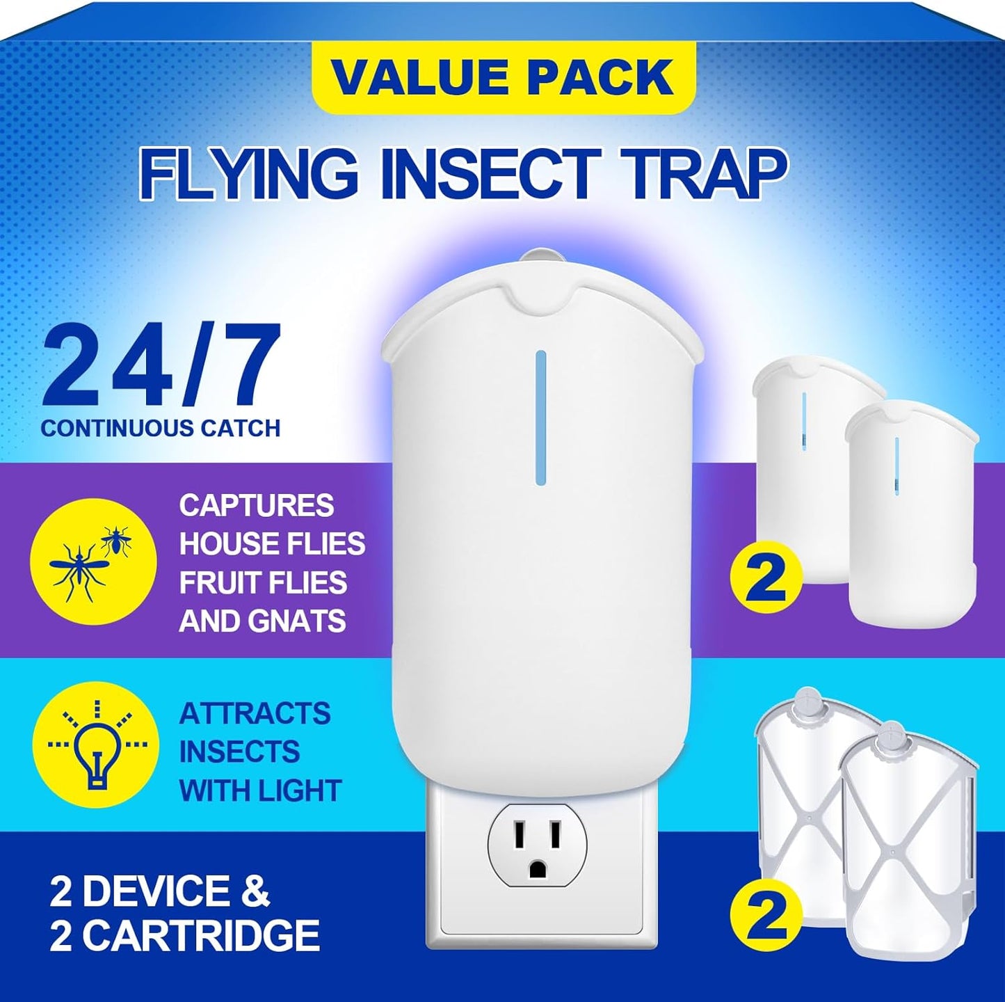 2 Flying Insect Traps & 2 Cartridges - Compatible with M364A Refill - Plug in Fruit Fly Trap for Indoor - Bug Catcher for Gnats, House & Fruit Flies - Use in Any Room (2 Device & 2 Cartridges)