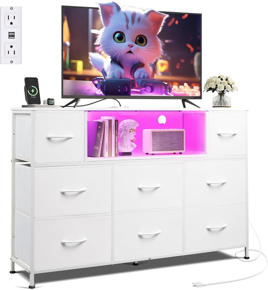 WLIVE White TV Stand for 45, 50, 55 inch TV, Entertainment Center with LED Lights & Charging Station, TV Media Console Table with 8 Fabric Drawers and Open Shelves for Living Room, Hallway, Wood Top