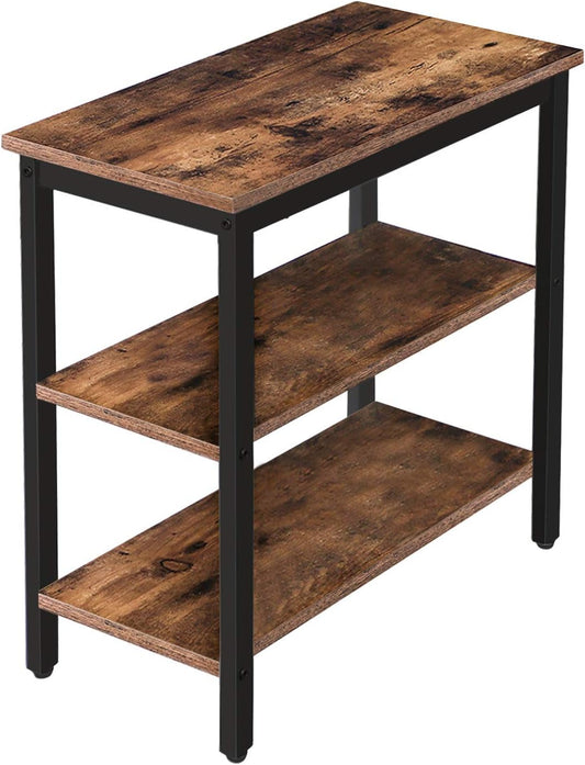 HOOBRO End Table, Simple Rustic Side Table with 3-Tier Storage Shelf, Narrow Nightstand for Small Spaces, for Living Room, Bedroom,Easy Assembly, Industrial Design, Rustic Brown and Black BF14BZ01