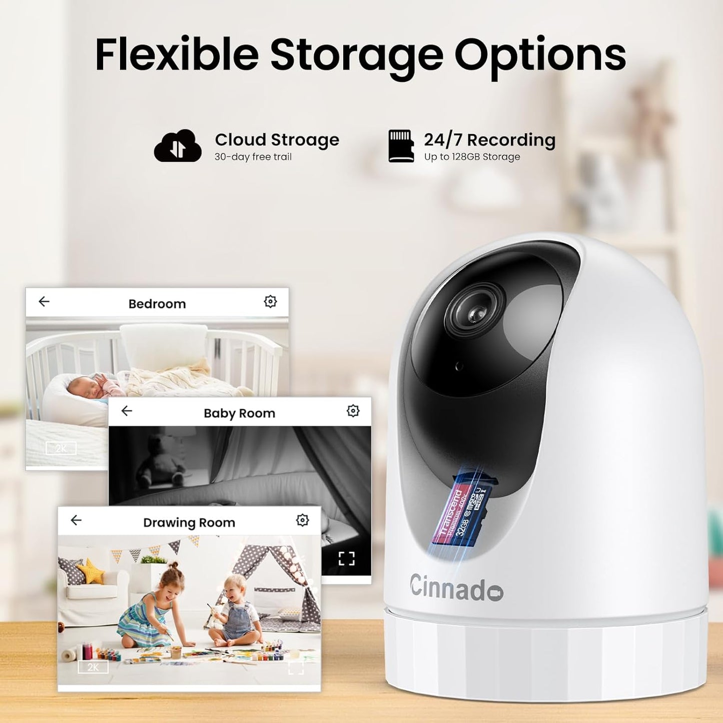 Security Camera Indoor-2K 360° WiFi Cameras for Home Security，Pet/Dog/Baby Camera with Phone app, 2-Way Audio, Night Vision, 24/7 SD Card Storage, Works with Alexa & Google Home (2.4Ghz)-D1