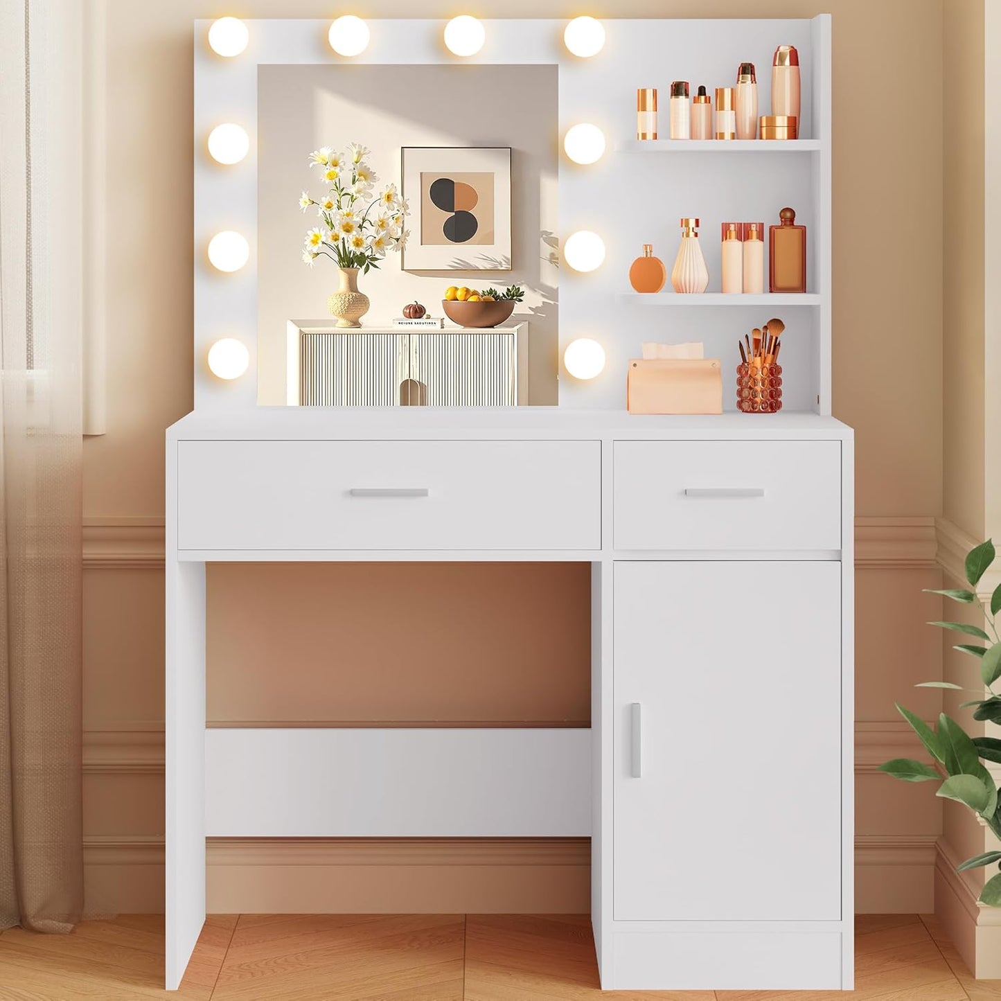 Lighted Makeup Vanity Desk, 35.4“W x 15.7'”D x 54“H, White (with Lights and Mirror, Dimming Function, 2 Drawers and 1 Cabiniet, Open Shelves) by Boahaus