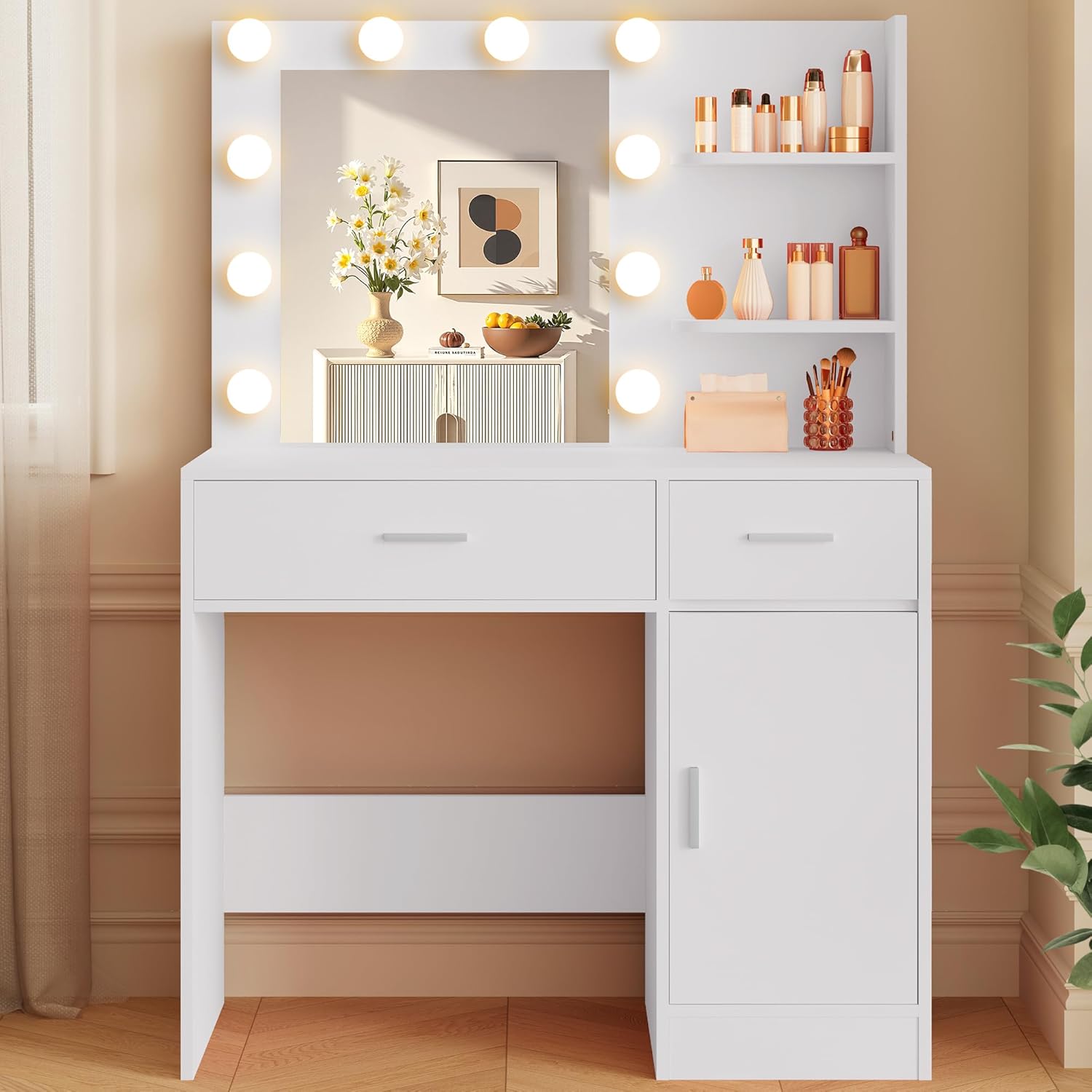 Lighted Makeup Vanity Desk, 35.4“W x 15.7'”D x 54“H, White (with Lights and Mirror, Dimming Function, 2 Drawers and 1 Cabiniet, Open Shelves) by Boahaus