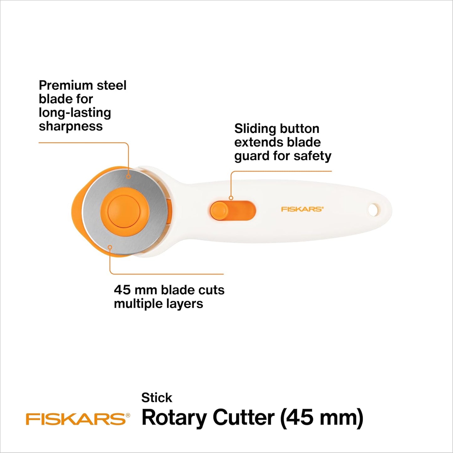Fiskars 45mm Rotary Cutter for Fabric, Premium Steel Stick Fabric Cutter Cuts Through Multiple Layers, Right and Left Handed, Easy and Safe Blade Change, Arts and Crafts, Sewing and Quilting Tools