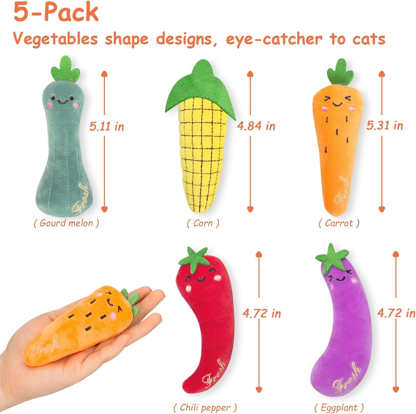 Catnip Cat Toys, Cat Nip Kitten Toy for Indoor Cats Kitty Kicker, Durable Kitten Teething Chew Toy, 5 Pack, Vegetable Shape