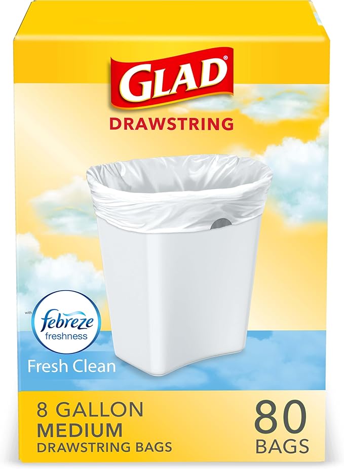 Glad Medium Kitchen Drawstring Trash Bags, 8 Gal, Fresh Clean Scent, 80 Ct (Package May Vary)