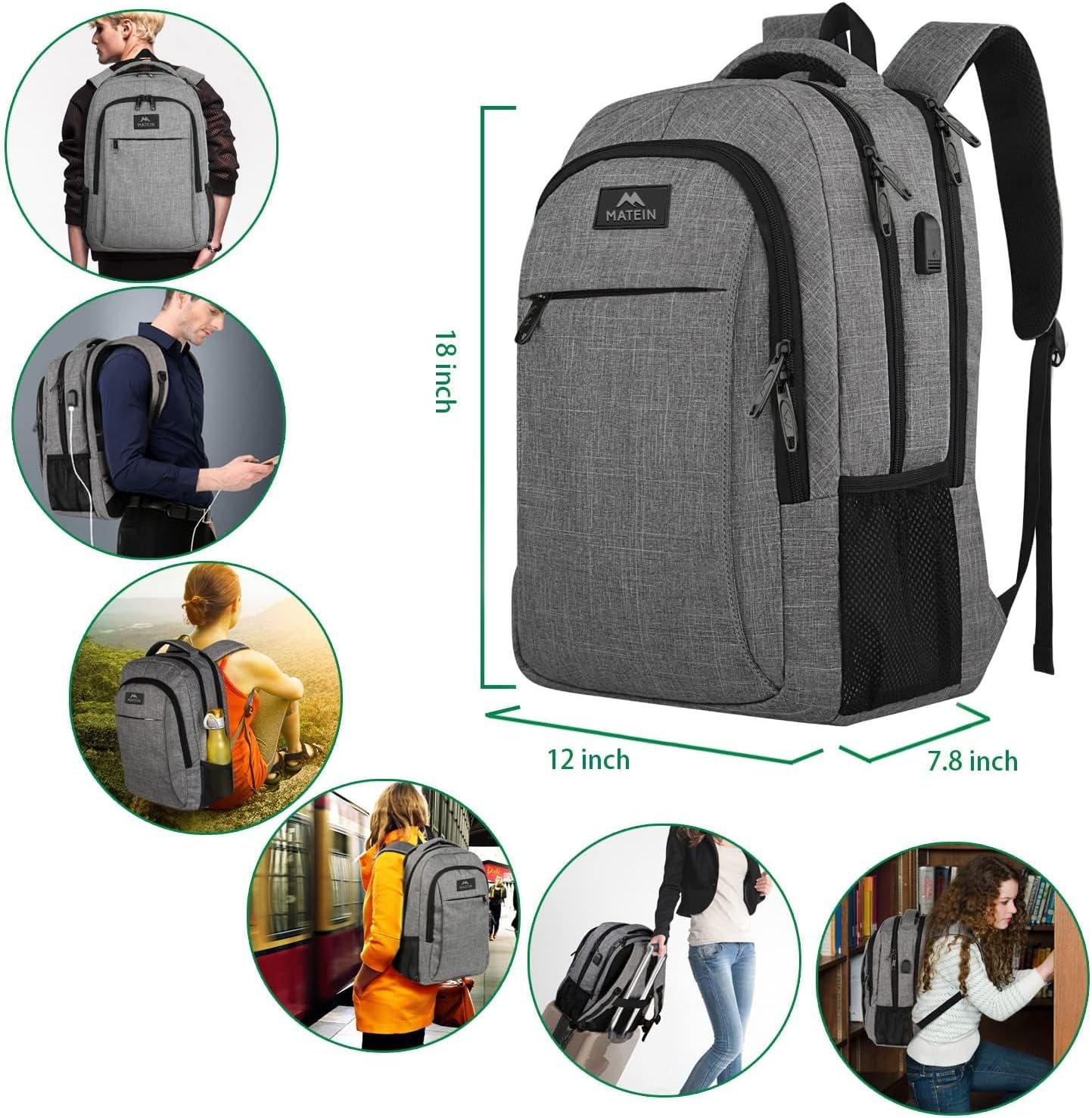 MATEIN Travel Laptop Backpack, Business Anti Theft Slim Sturdy Laptops Backpack with USB Charging Port, Water Resistant College School Computer Bag Gift for Men & Women Fits 15.6 Inch Notebook, Grey