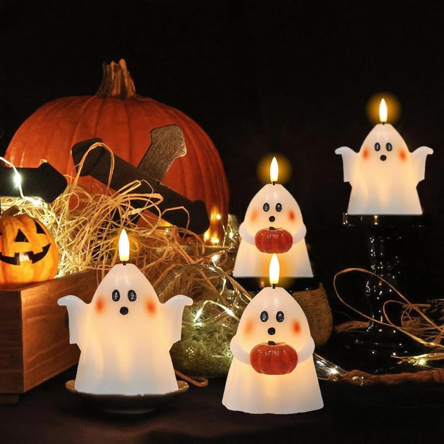 Wondise Halloween Flameless Candles with 6hrs Timer Spooky Ghost, Battery Operated Candles Halloween 3D Flickering Wick Real Wax 2 Packs Halloween Candles for Halloween Decoration Gift （D 3.5" x H 5"