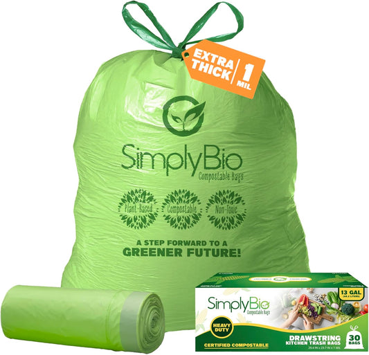 Simply Bio 13 Gallon Compostable Trash Bags Liners Drawstring, Heavy Duty Extra Thick 1 Mil, 49.21 Liter, 30 Bags, Tall Kitchen Food Scrap Waste Bag, ASTM D6400, US BPI and OK Compost Home Certified