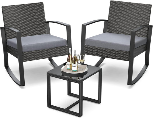 3 Pieces Outdoor Patio Furniture Set Rocking Bistro Set Outdoor Rattan Conversation with Coffee Table for Garden Balcony Backyard Poolside (Grey Cushion)