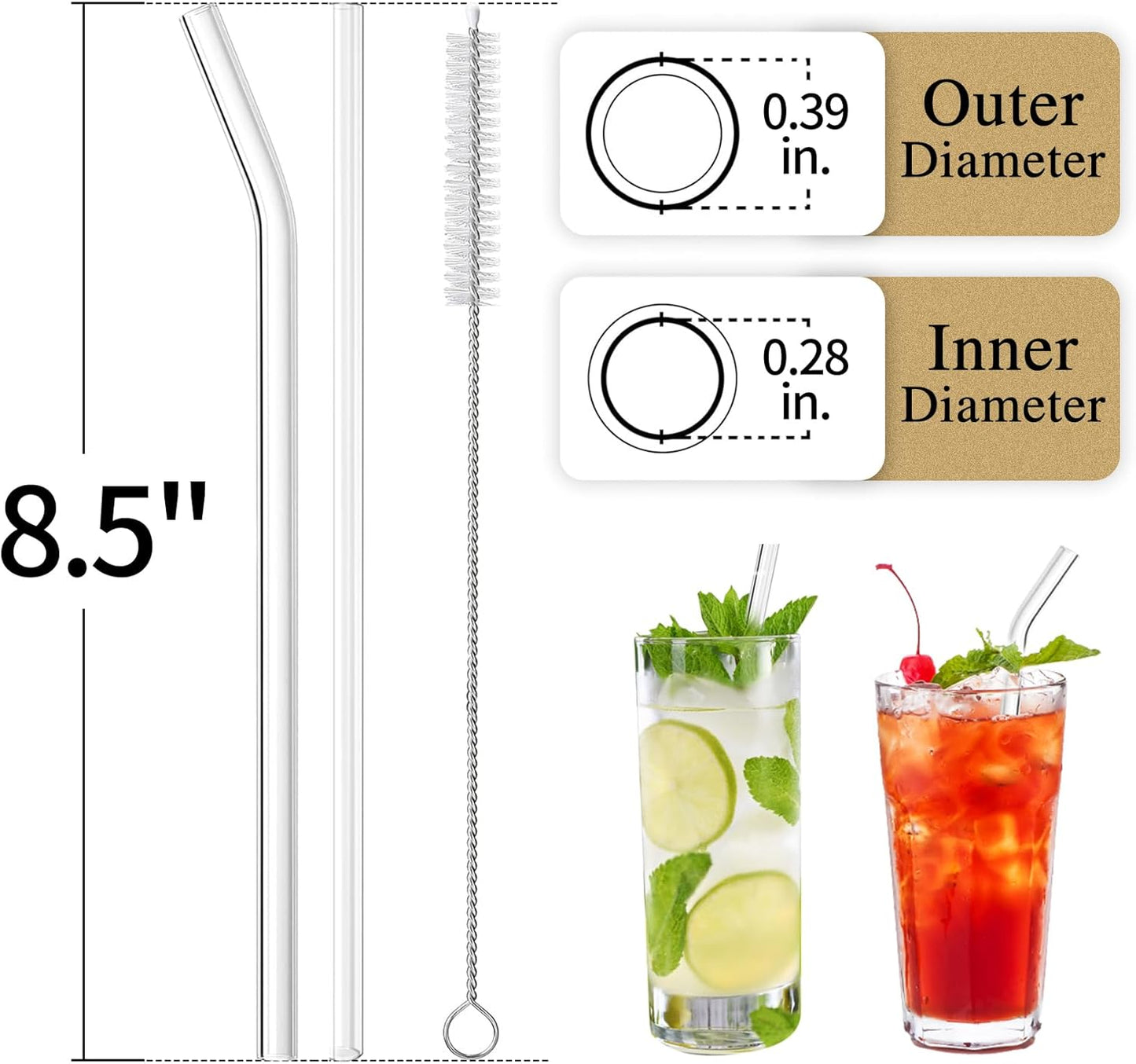 Piteno® 16-Pack Reusable Glass Straws Set, Clear Glass Drinking Straws, 8.5''x10MM, Set of 6 Straight and 6 Bent with 4 Cleaning Brushes, Perfect for Smoothies, Milkshakes, Juice, Tea