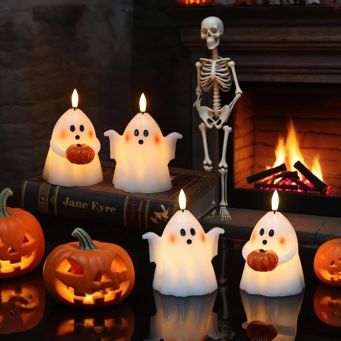 Wondise Halloween Flameless Candles with 6hrs Timer Spooky Ghost, Battery Operated Candles Halloween 3D Flickering Wick Real Wax 2 Packs Halloween Candles for Halloween Decoration Gift （D 3.5" x H 5"