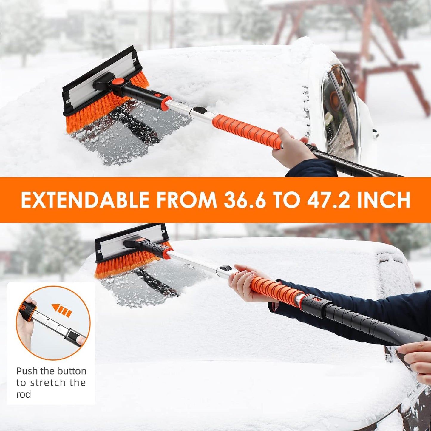 AstroAI 47.2" Ice Scrapers for Car Windshield, 3 in 1 Sturdy Snow Brush with Squeegee, 10 Adjustable Length Settings, Extendable Aluminum Handle, 180° Pivoting Snow Scraper for Car, Truck, SUV(Orange)