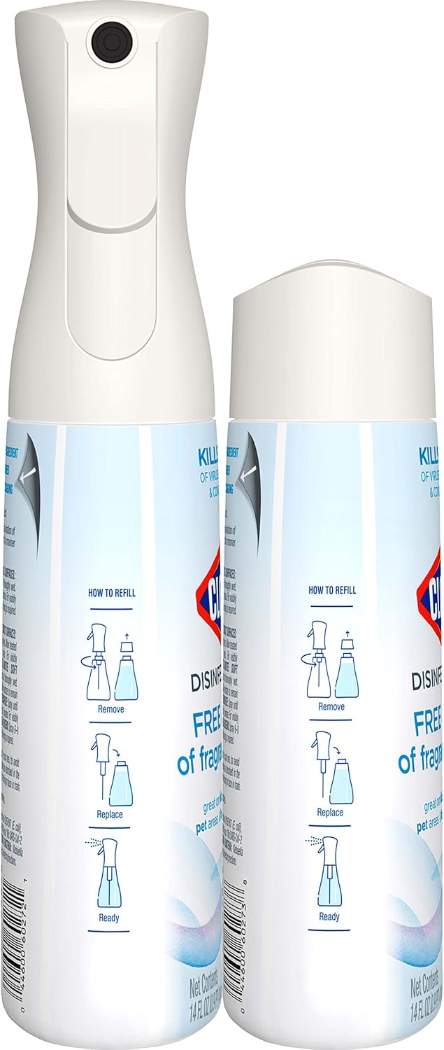 Clorox Free & Clear Disinfecting Mist, Household Essentials, 1 Spray Bottle and 1 Refill, 14 Fl Oz Each