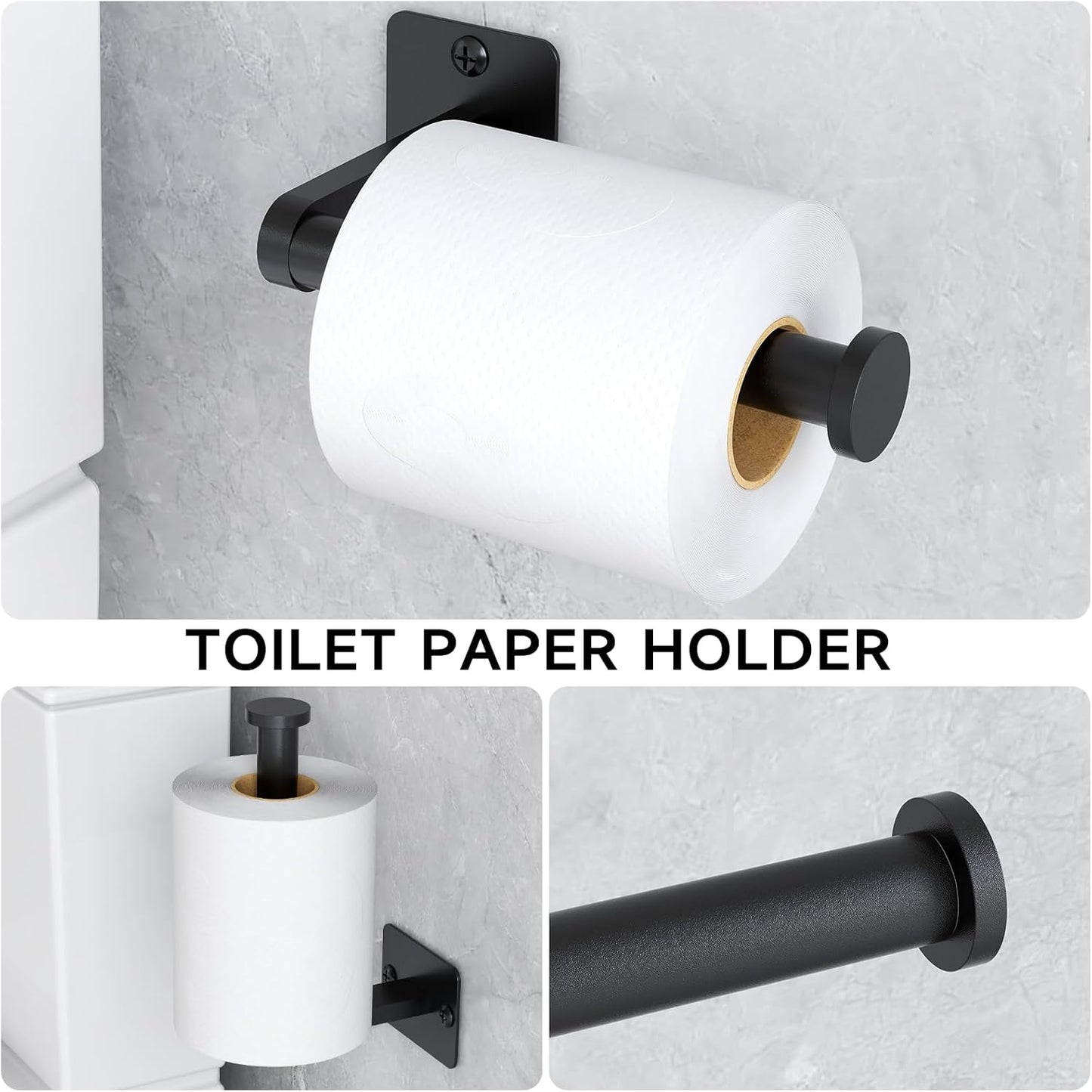 Matte Black Bathroom Accessories Set, KLJKPA 4 Pieces Bathroom Hardware Set, 24 inch Towel Bar, Towel Racks for Bathroom, Robe Towel Hooks, Toilet Paper Holder Wall Mounted