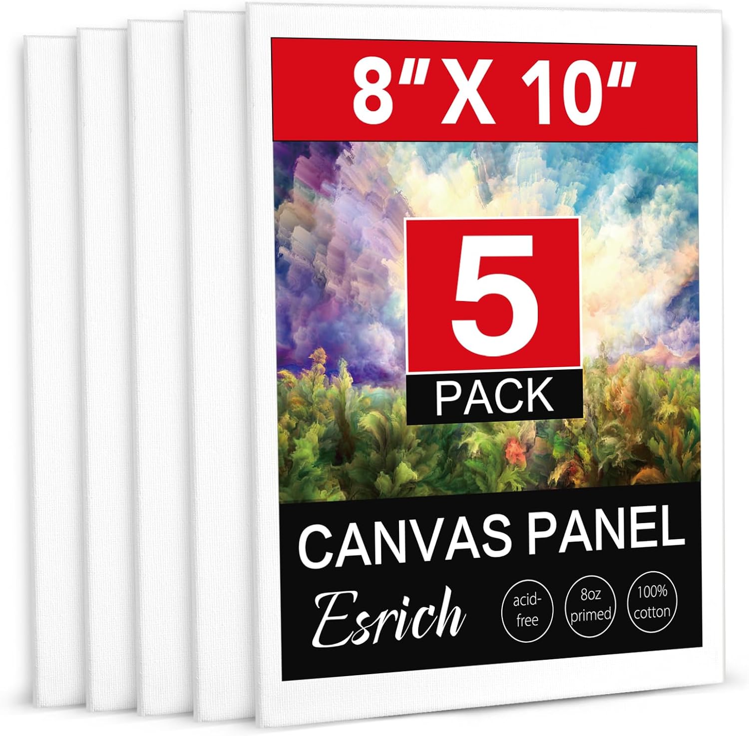 ESRICH Canvas Boards for Painting, 5 Pack Canvases for Painting 8x10 Cotton Primed Acid Free Blank Canvas Panels for Oil Paint, Watercolor, Acrylic Paint, Gouache and Tempera