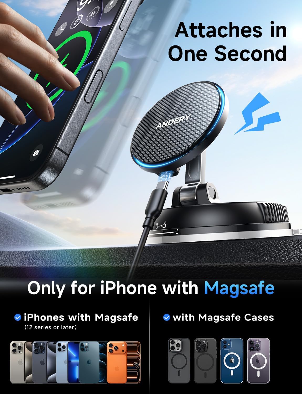 ANDERY Only for iPhone Magsafe Car Mount Charger [15W Wireless Faster Charging, 78+LBS Strongest Suction, 2400gf Strongest Magnetic] 360° Adjustable Car Phone Holder, Valentine's Day Gifts for Him Her