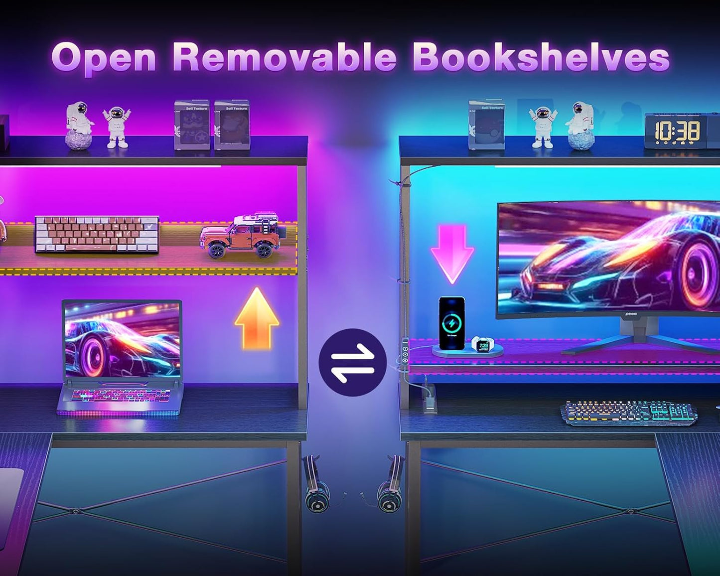 ODK 53 Inch L Shaped Desk with LED Lighting, Reversible Gaming Desk with Power Outlets, Cornor Computer Table with Storage Shelves & Bag & Iron Hook, Home Office Table for Writing, Study, Black