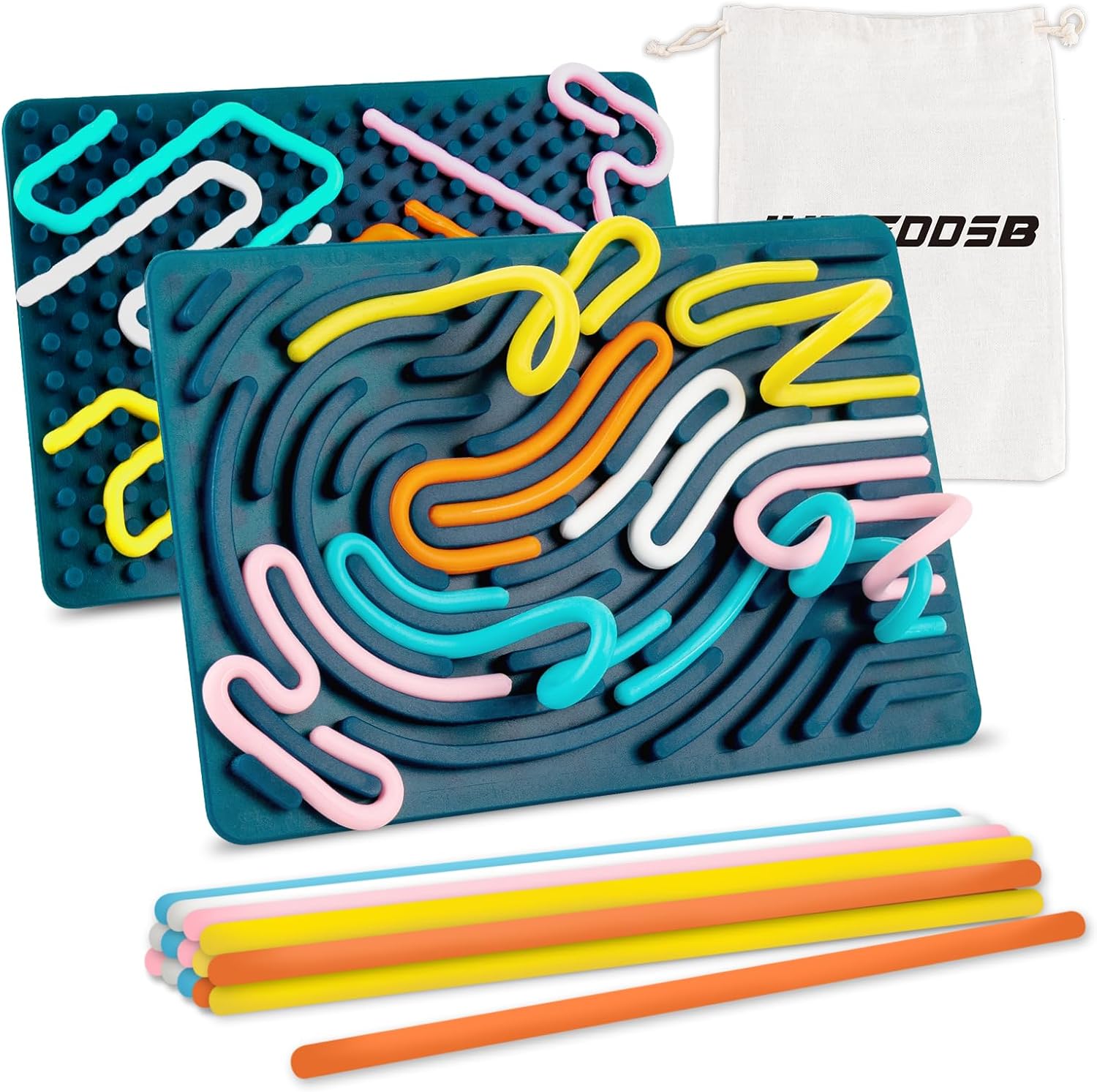 Sensory Activity Board, Double-Sided Silicone Sensory Fidget Toy with 15 Strings for Autism, Stress, Anxiety, Calming, Focus, No Mess, ADHD & Silent, for Kids 3+ & Adults with Portable Travel Bag