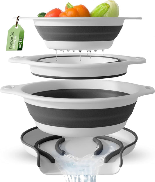 Collapsible Colanders (3 Pack Set) Food Strainers with Over-Sink Water Draining Base for Pasta Fruits and Vegetables (Patent Pending) White (3 Sizes, 3QT, 4QT and 5 Quart)
