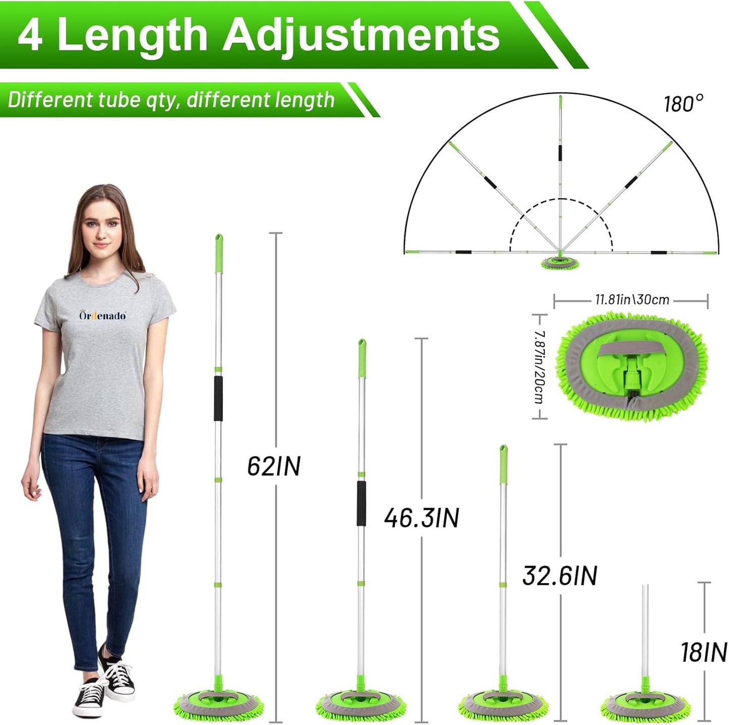 Ordenado 62" Car Wash Brush Kit Mitt Mop Sponge with Long Handle Chenille Microfiber Car Cleaning Brush Kit Supplies Car Washing Mop Kit Car Care Kit of Scratch-Free Replacement Head for Car RV Truck