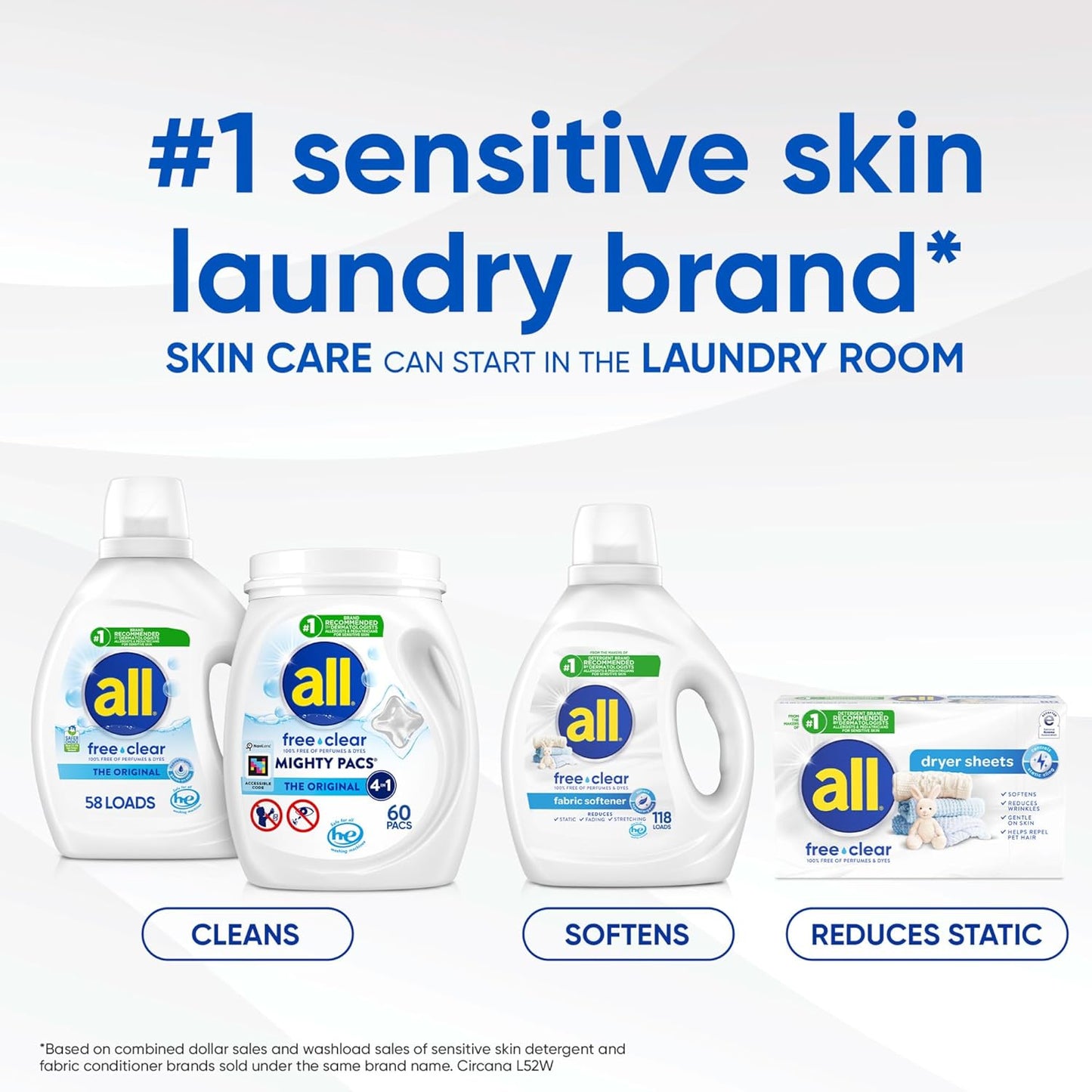 All Laundry Detergent Pacs, Mighty Pacs with OXI Stain Removers and Whiteners, Free Clear, Unscented and Dye Free, 56 Count