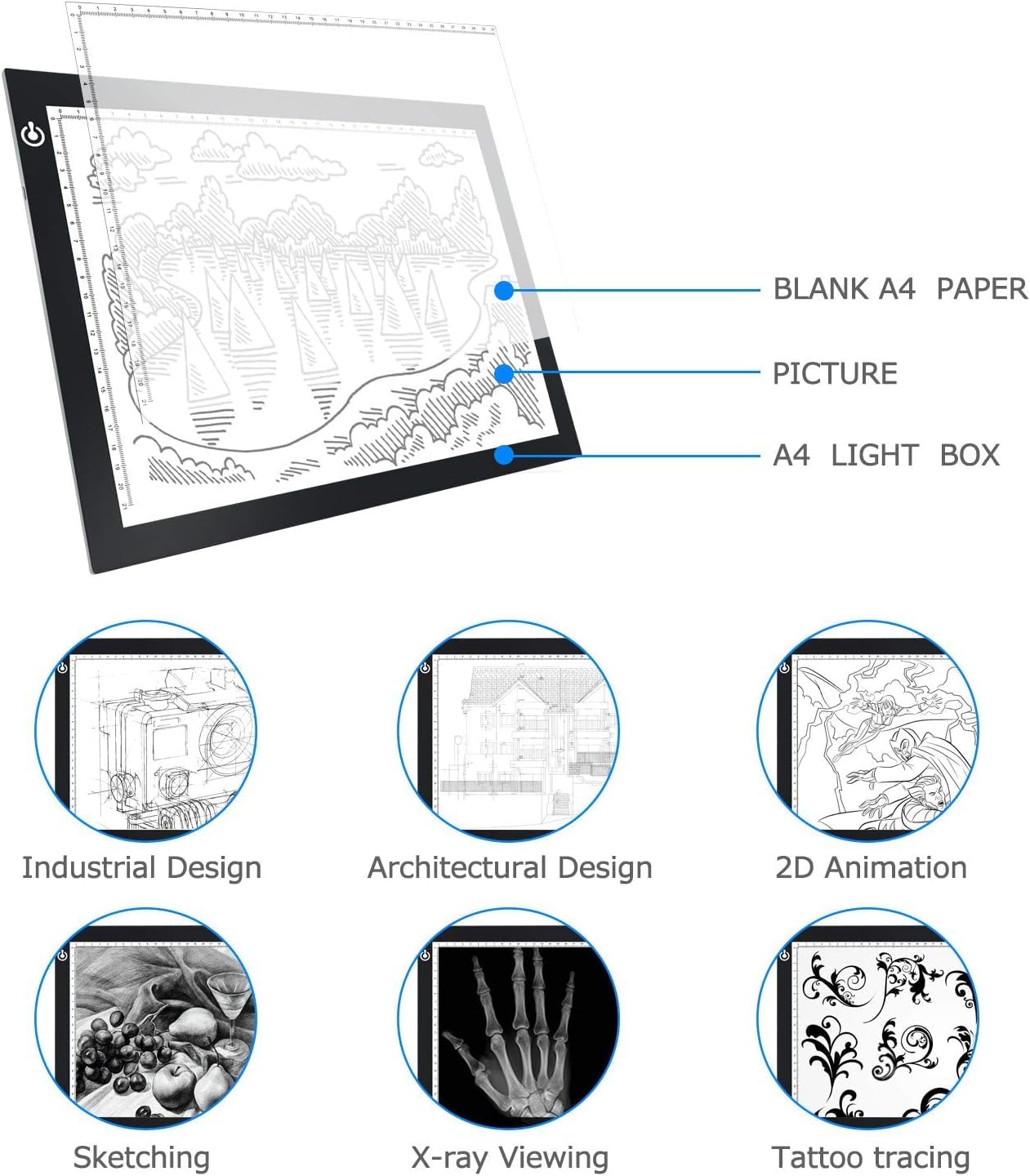 LitEnergy A4 LED Copy Board Light Tracing Box, Ultra-Thin Adjustable USB Power Artcraft LED Trace Light Pad for Tattoo Transferring, Drawing, Streaming, Sketching, Animation, Stenciling