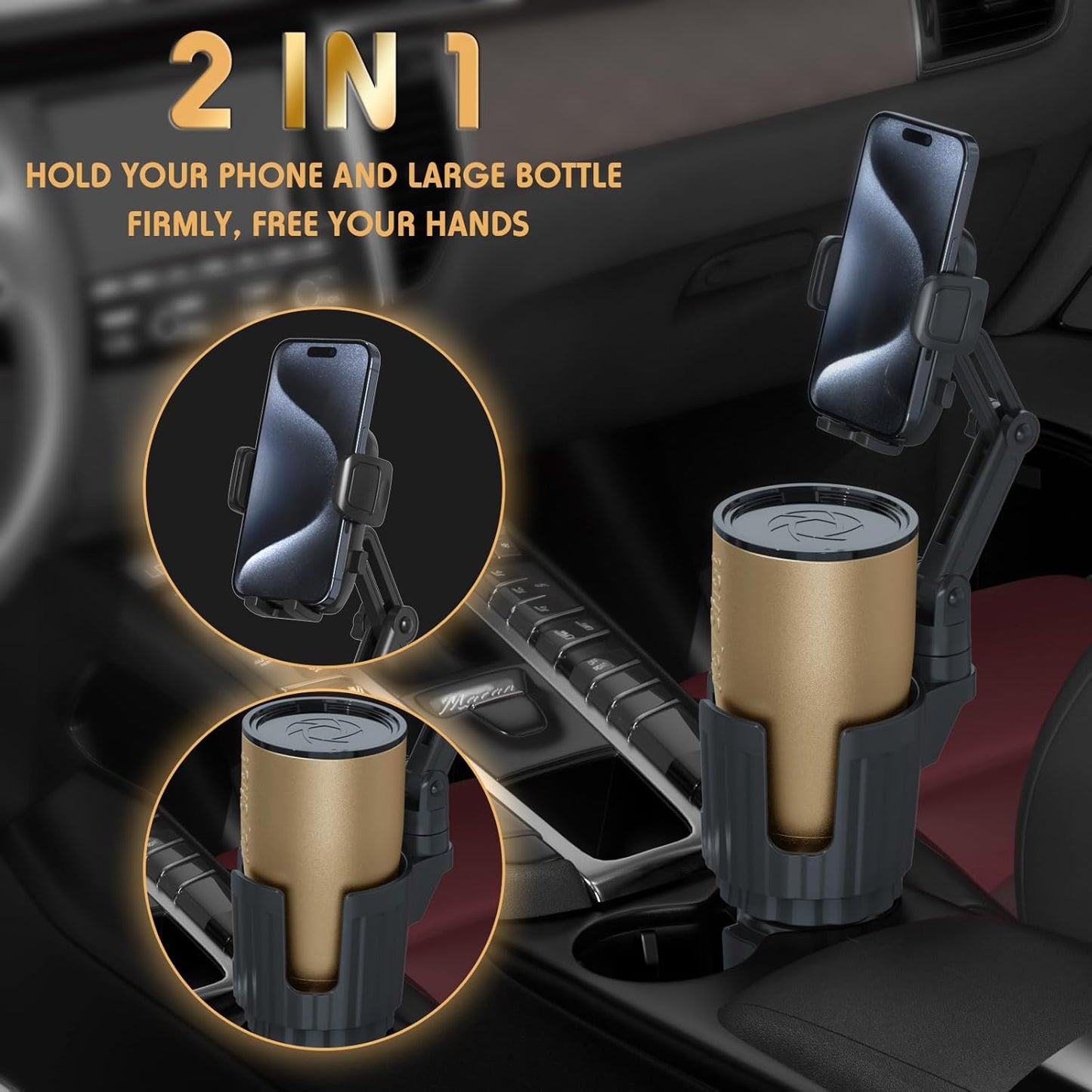 Phone Holders for Your Car, 2 in 1 Universal Cup Holder Expander Adjustable Base with Phone Mount, Long Arm with 360°Rotation Cup Holder Phones Mount for Car Compatible with All Smartphones