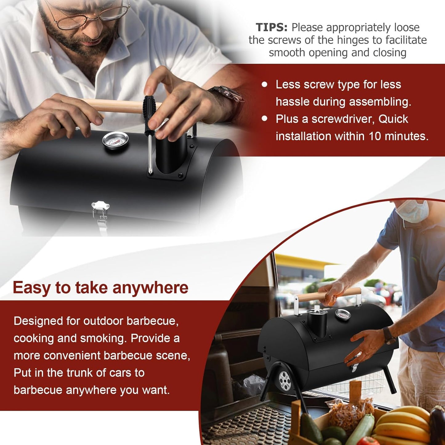 Joyfair Portable Charcoal Grill with Thermometer, Small Tabletop Barbecue Grill for Outdoor Camping Backyard Party BBQ Cooking, Extra Thick Steel & Heavy Duty, Innovative Design & Easy Assembly