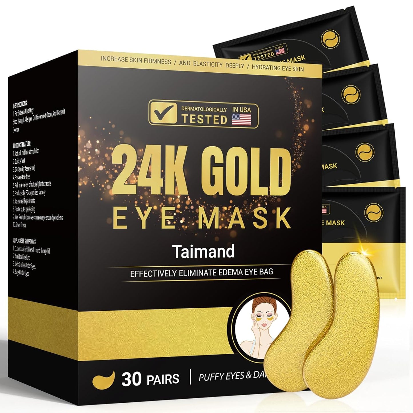 Under Eye Patches (30 Pairs), 24K Gold Under Eye Mask for Puffy Eyes, Dark Circles,Bags and Wrinkles with Collagen,Relieves Pressure and Reduces Wrinkles,Revitalises and Refreshes Your Skin