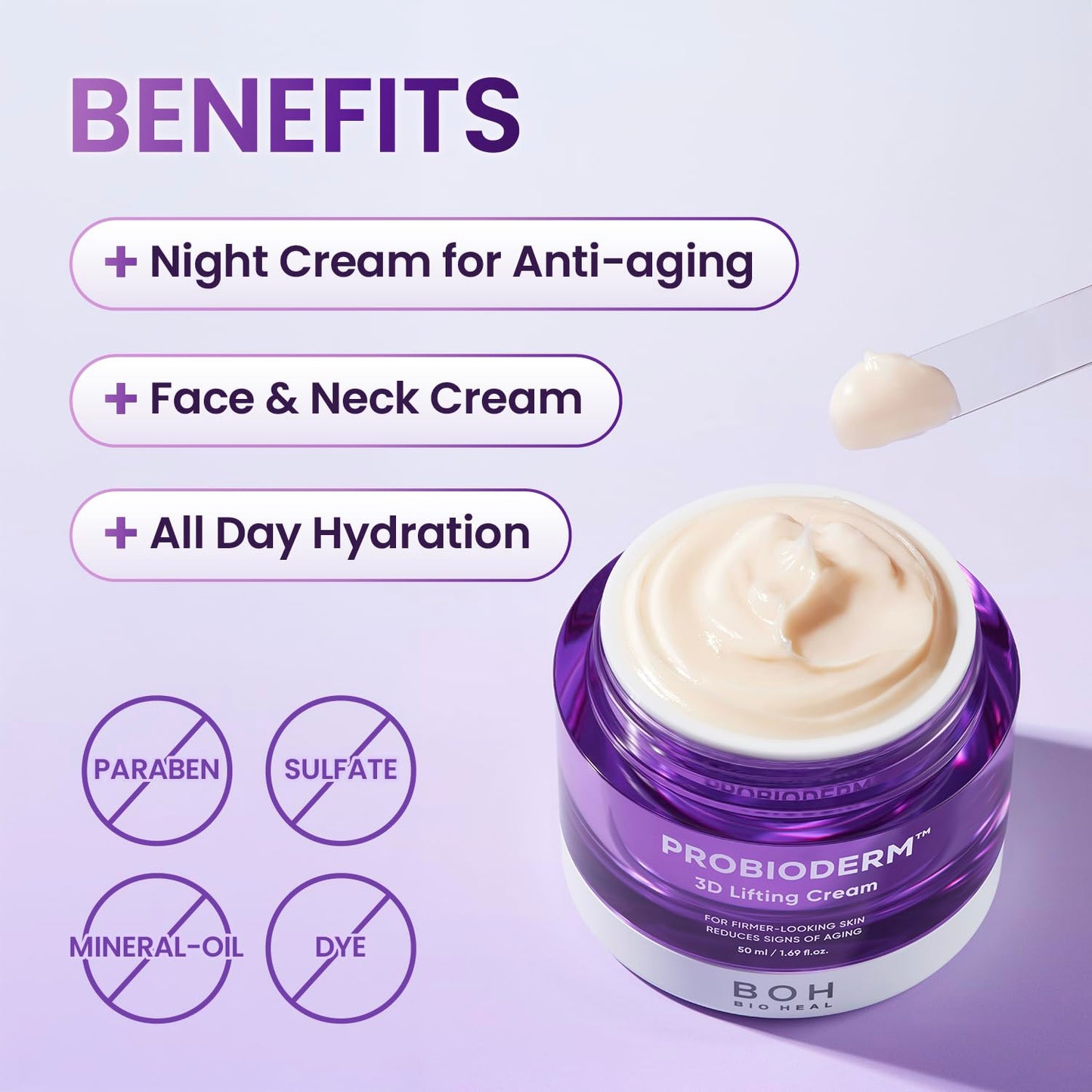 BIOHEAL BOH Probioderm 3D Lifting Cream 1.7 fl oz | Advanced Korean Anti-Aging Probiotics Facial Night Cream Moisturizer with 17-Peptide Complex & Patented Probioderm for Wrinkles on Face and Neck