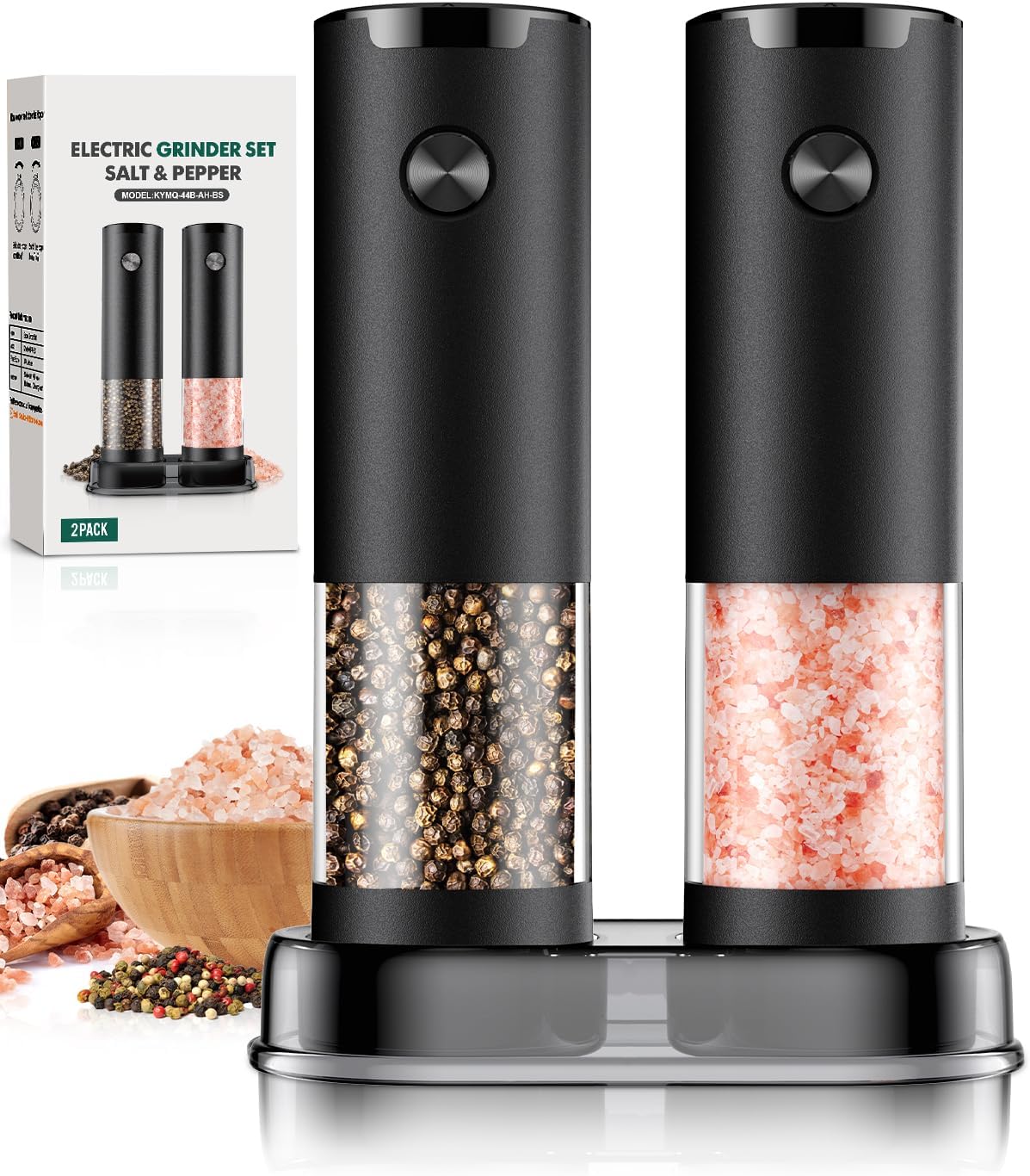 Electric Salt and Pepper Grinder Set Automatic Battery Pepper Mill Shakers Adjustable Coarseness Easy Filling Upgraded Larger Capacity with Led Kitchen Appliances (2 Pack Black/Black）