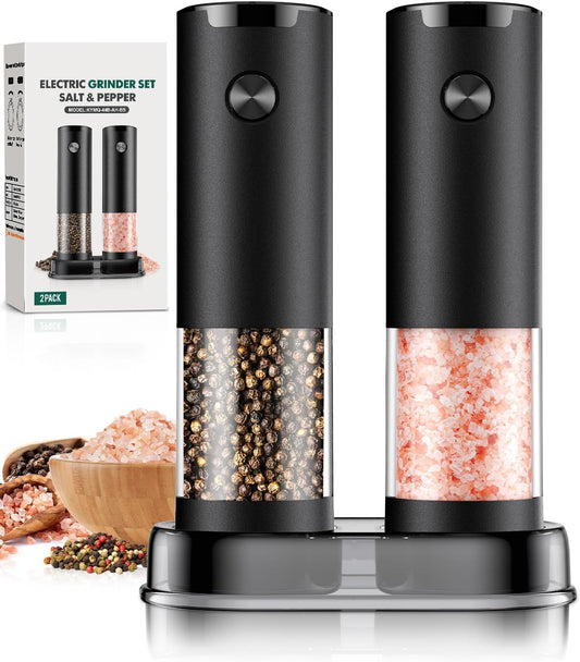 Electric Salt and Pepper Grinder Set Automatic Battery Pepper Mill Shakers Adjustable Coarseness Easy Filling Upgraded Larger Capacity with Led Kitchen Appliances (2 Pack Black/Black）
