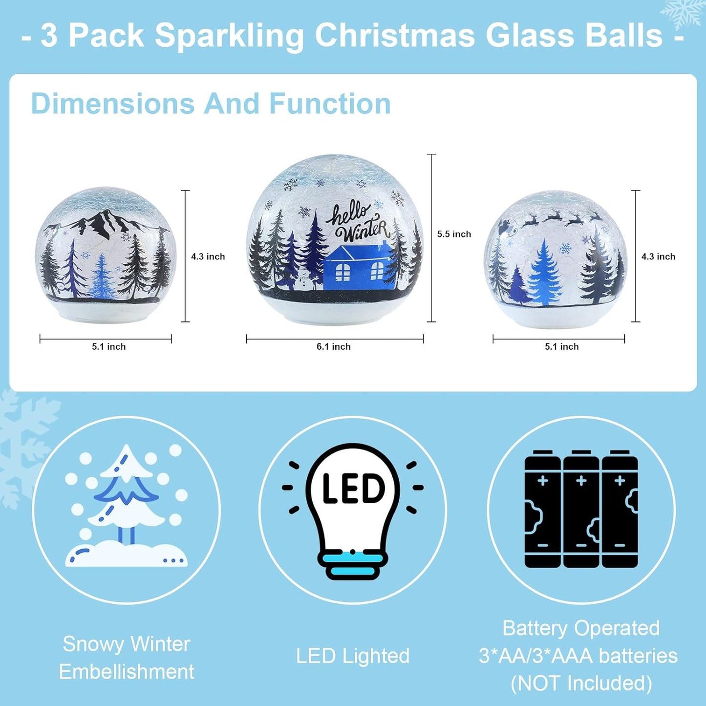 YEAHOME Christmas Decorations Indoor, Set of 3 Crackle Glass Ball with LED Lights Christmas Tree Snowman, Christmas Table Decorations Hello Winter Globes with Timer for Home Mantel Fireplace Decor