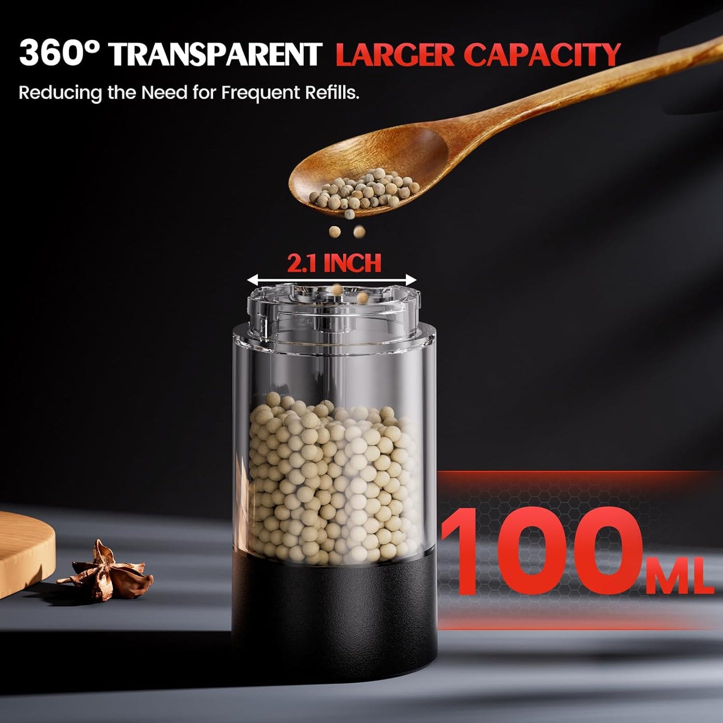 Electric Salt and Pepper Grinder Set Automatic Battery Pepper Mill Shakers Adjustable Coarseness Easy Filling Upgraded Larger Capacity with Led Kitchen Appliances (2 Pack Black/Black）